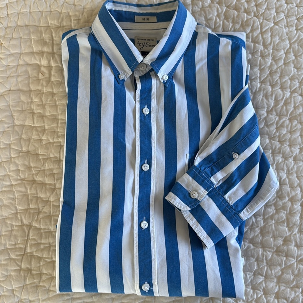 J Crew Blue & White Striped Button Down Long Sleeves Shirt - Large - slim fit